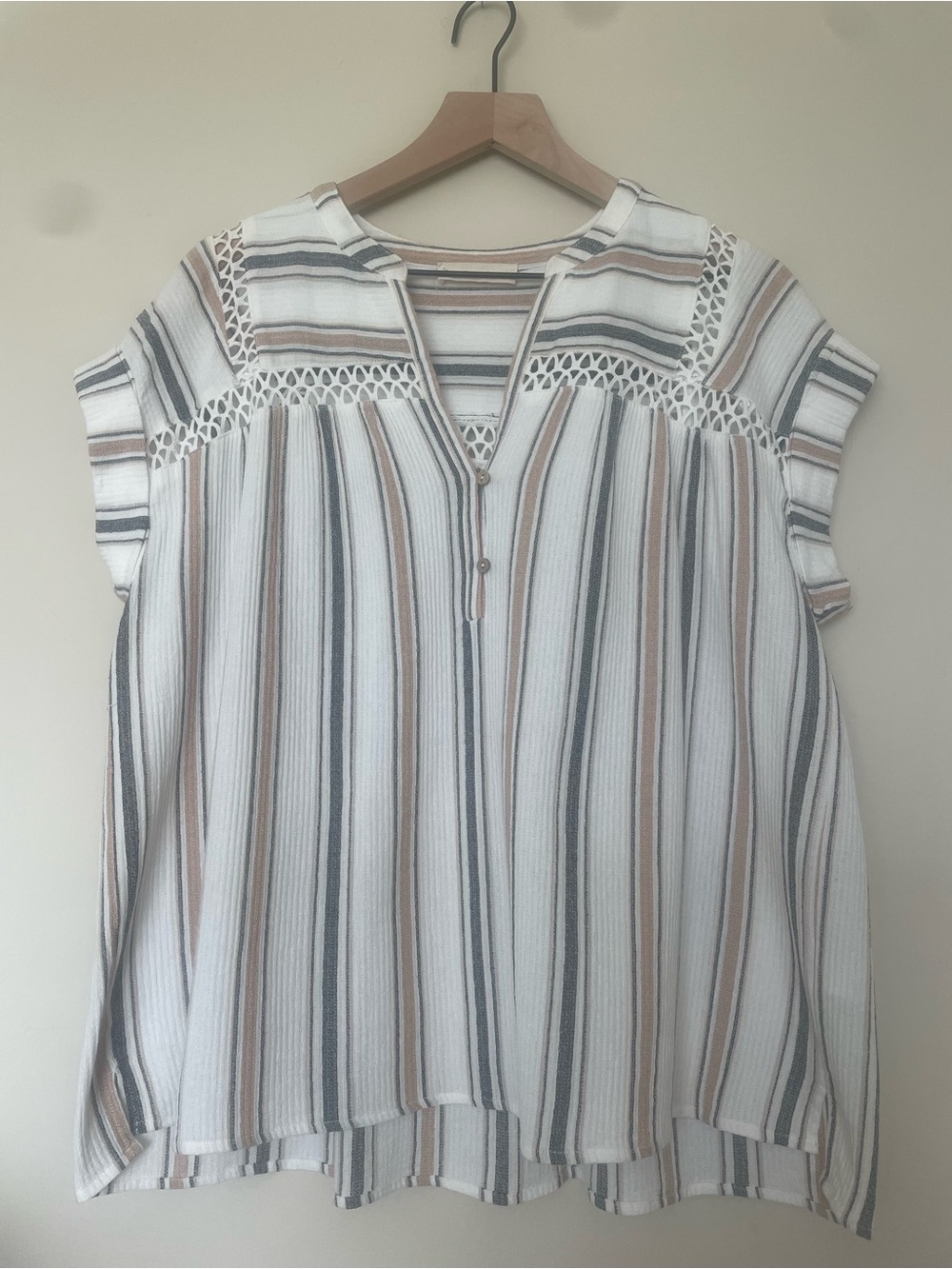 Together White Striped Crochet-Yoke Tunic with Gray and Tan Stripes